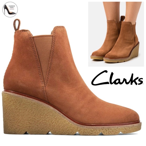Clarks Women's Clarkford Top Dark Tan Suede Wedged Boots Camel Brown Booties 7.5 - Picture 1 of 14